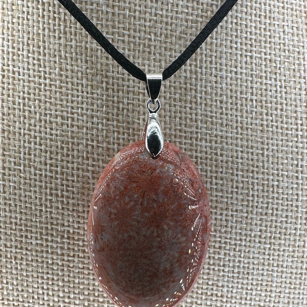 Orange and Pink/Lavender Coral Fossil Oval Pendant on Black Satin Rope - Picture 3 of 12